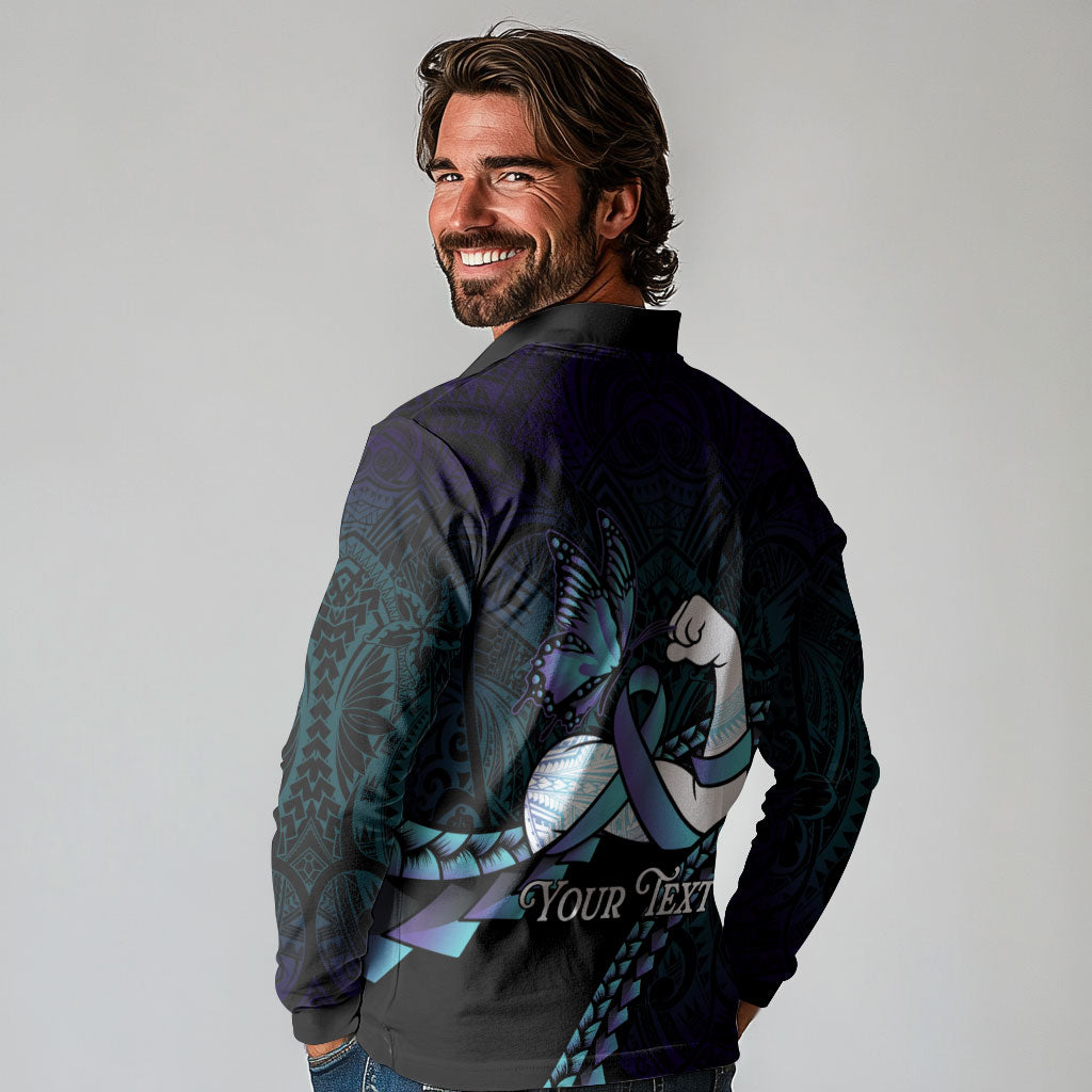 Personalised Polynesia Suicide Prevention Month Long Sleeve Polo Shirt Brave Strong Butterfly Teal Purple Ribbon LT14 - Polynesian Pride