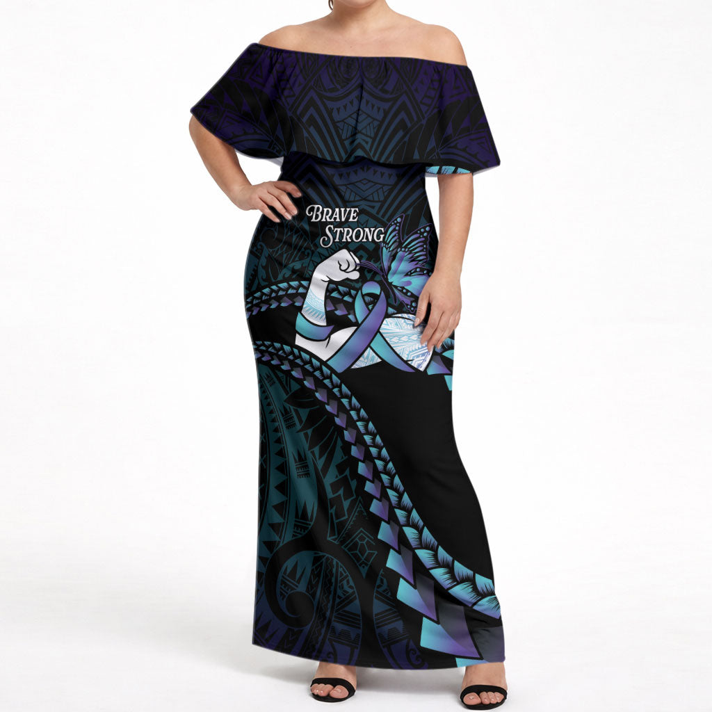 Personalised Polynesia Suicide Prevention Month Off Shoulder Maxi Dress Brave Strong Butterfly Teal Purple Ribbon LT14 Women Purple - Polynesian Pride