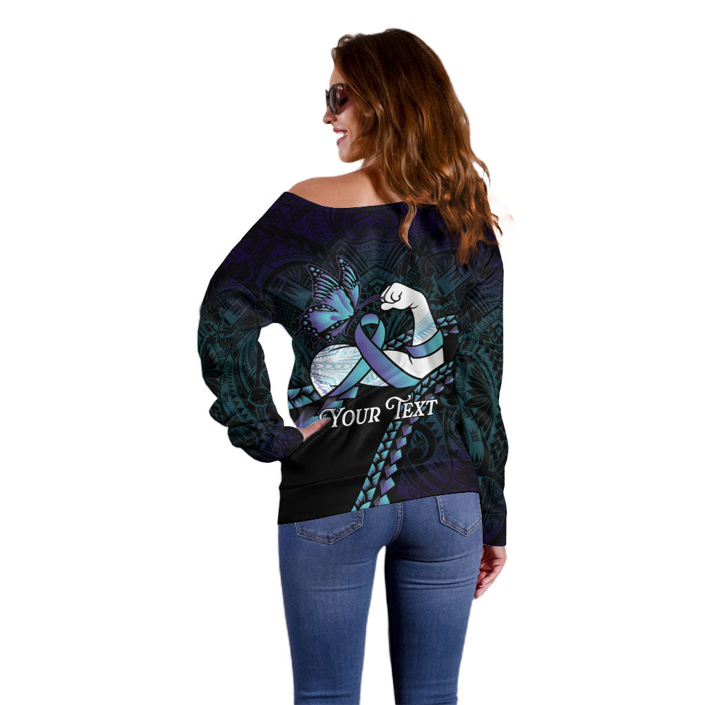 Personalised Polynesia Suicide Prevention Month Off Shoulder Sweater Brave Strong Butterfly Teal Purple Ribbon