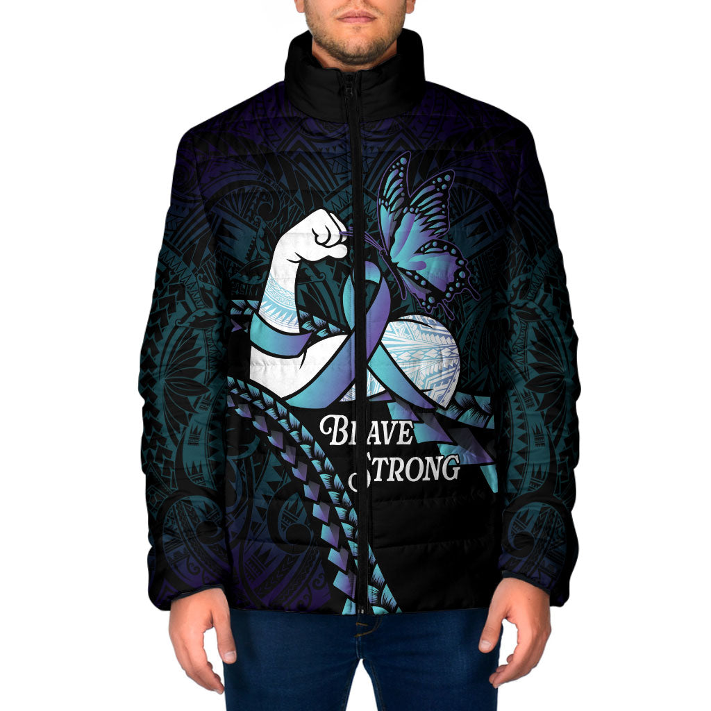 Personalised Polynesia Suicide Prevention Month Padded Jacket Brave Strong Butterfly Teal Purple Ribbon LT14 Men Purple - Polynesian Pride