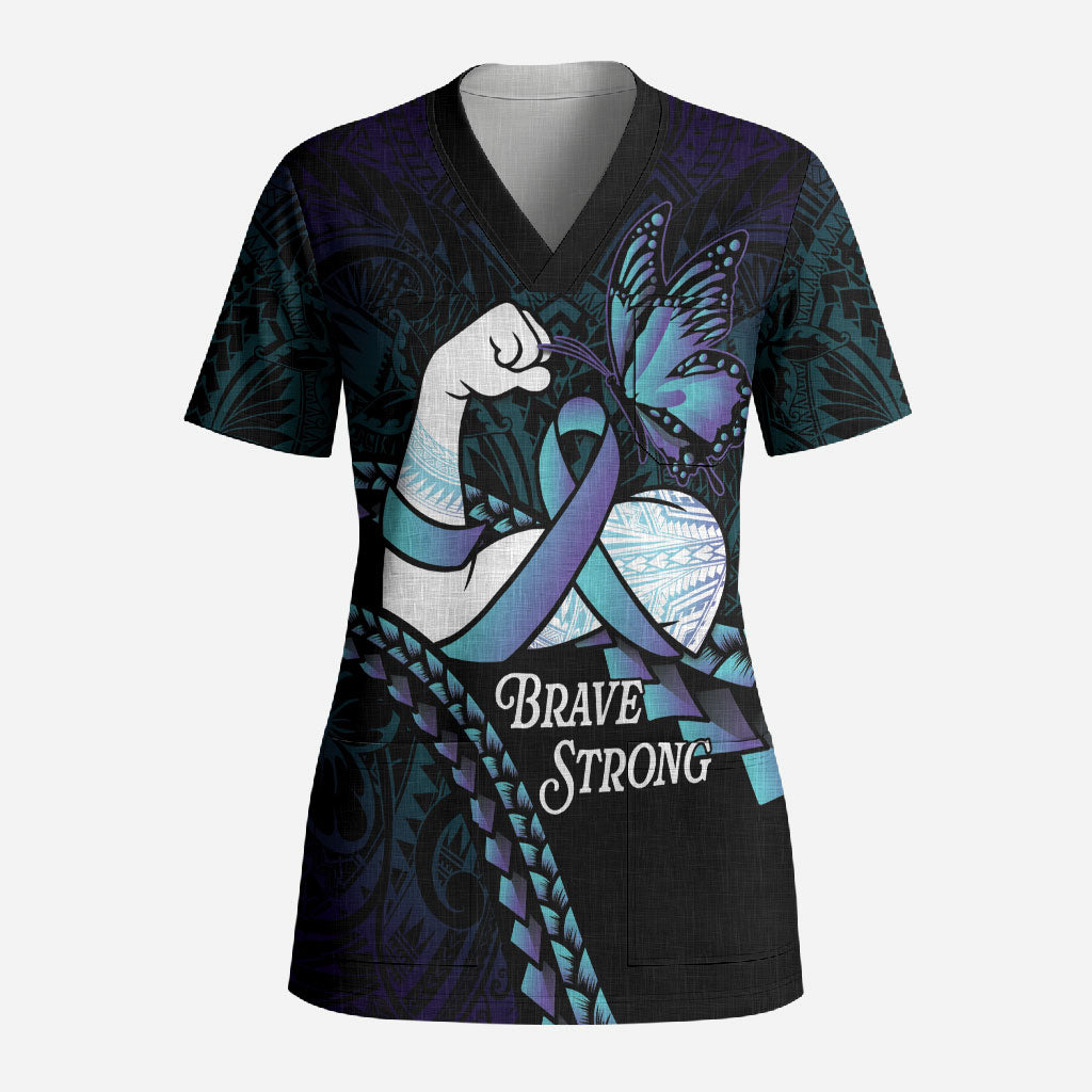 Personalised Polynesia Suicide Prevention Month Scrub Top Brave Strong Butterfly Teal Purple Ribbon LT14 Adult Purple - Polynesian Pride