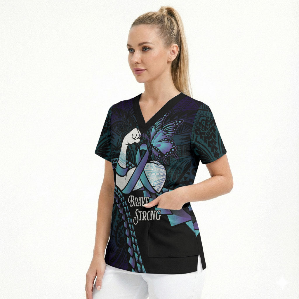 Personalised Polynesia Suicide Prevention Month Scrub Top Brave Strong Butterfly Teal Purple Ribbon LT14 - Polynesian Pride