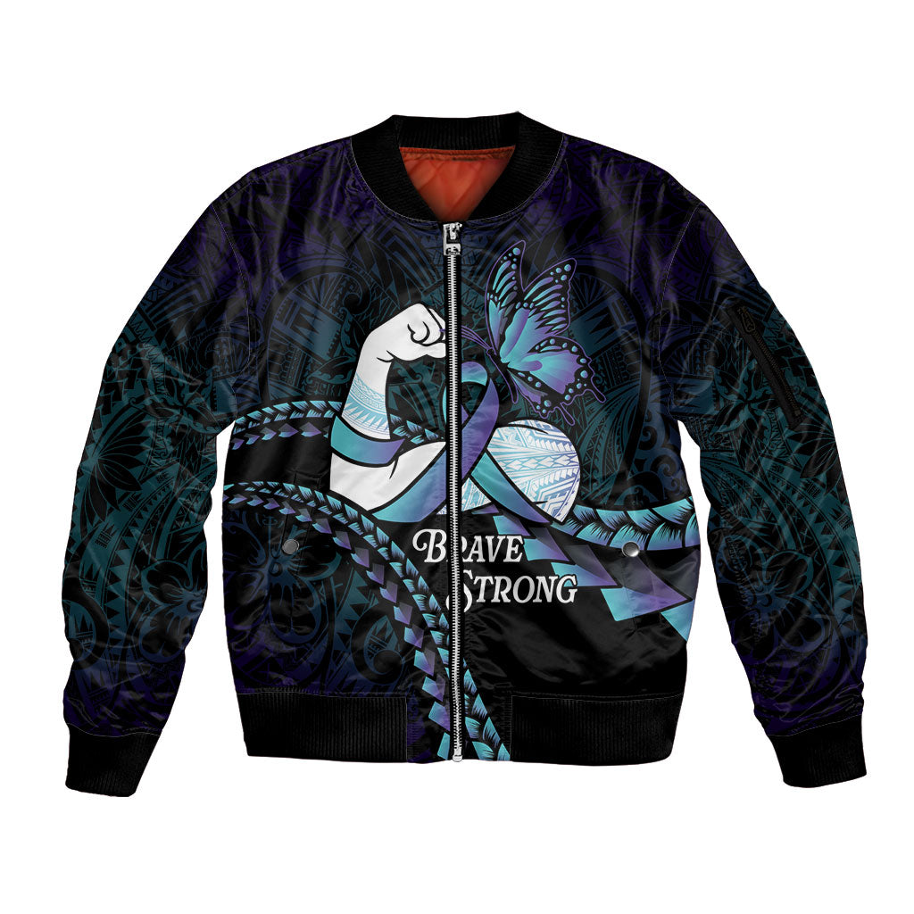 Personalised Polynesia Suicide Prevention Month Sleeve Zip Bomber Jacket Brave Strong Butterfly Teal Purple Ribbon LT14 Unisex Purple - Polynesian Pride