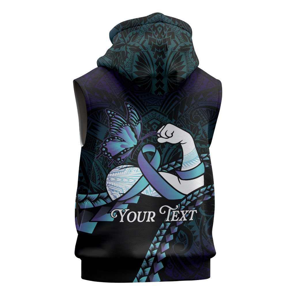 Personalised Polynesia Suicide Prevention Month Sleeveless Hoodie Brave Strong Butterfly Teal Purple Ribbon LT14 - Polynesian Pride