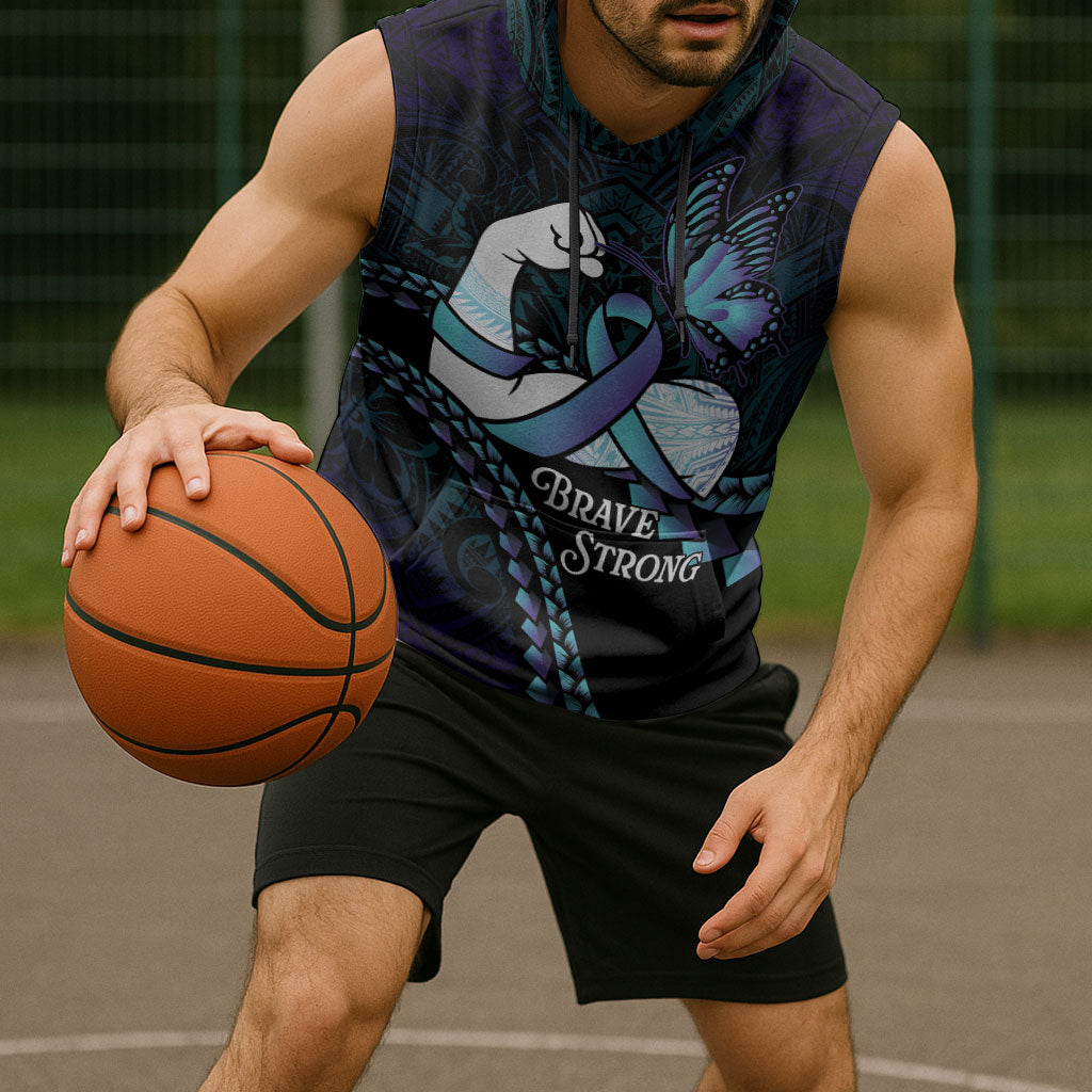 Personalised Polynesia Suicide Prevention Month Sleeveless Hoodie Brave Strong Butterfly Teal Purple Ribbon LT14 - Polynesian Pride