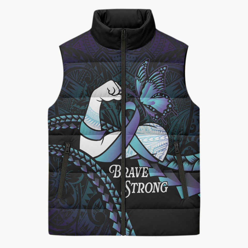 Personalised Polynesia Suicide Prevention Month Sleeveless Puffer Jacket Brave Strong Butterfly Teal Purple Ribbon LT14 Unisex Purple - Polynesian Pride