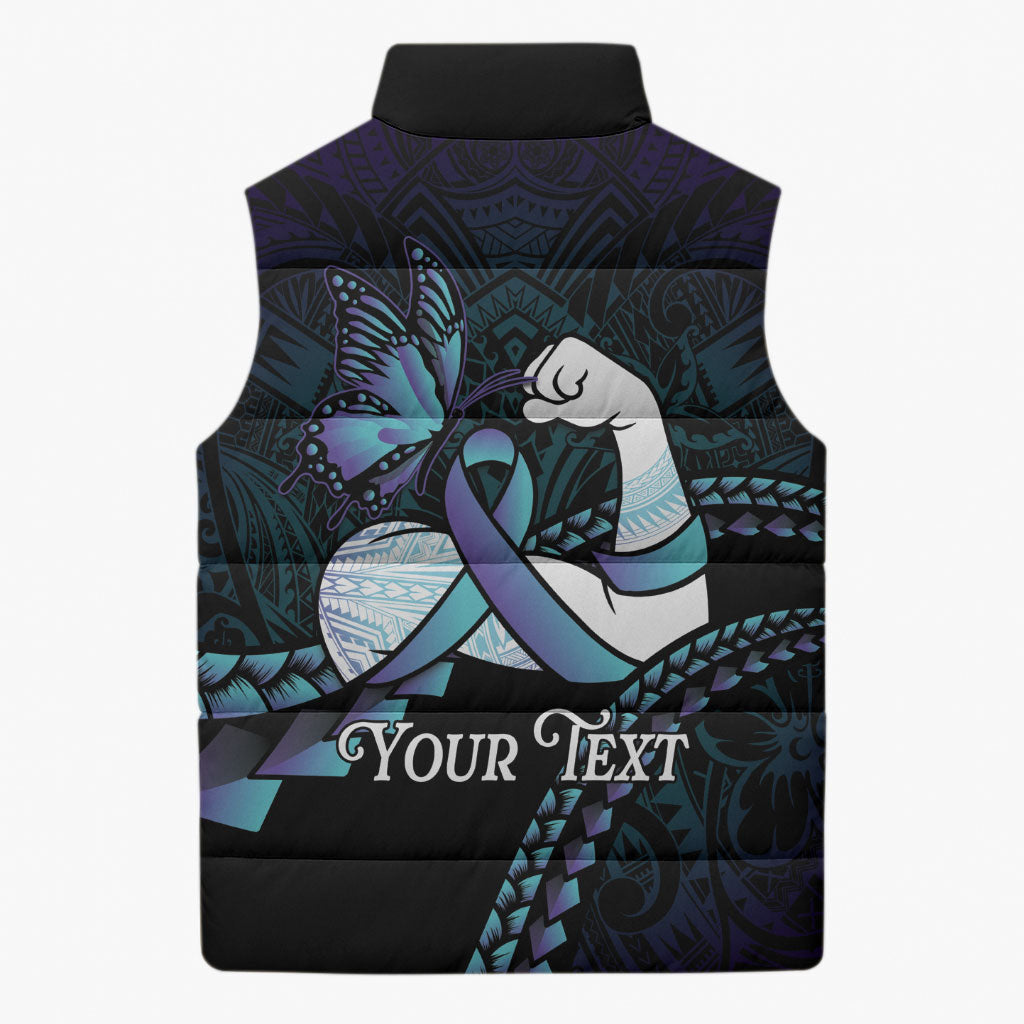 Personalised Polynesia Suicide Prevention Month Sleeveless Puffer Jacket Brave Strong Butterfly Teal Purple Ribbon LT14 - Polynesian Pride