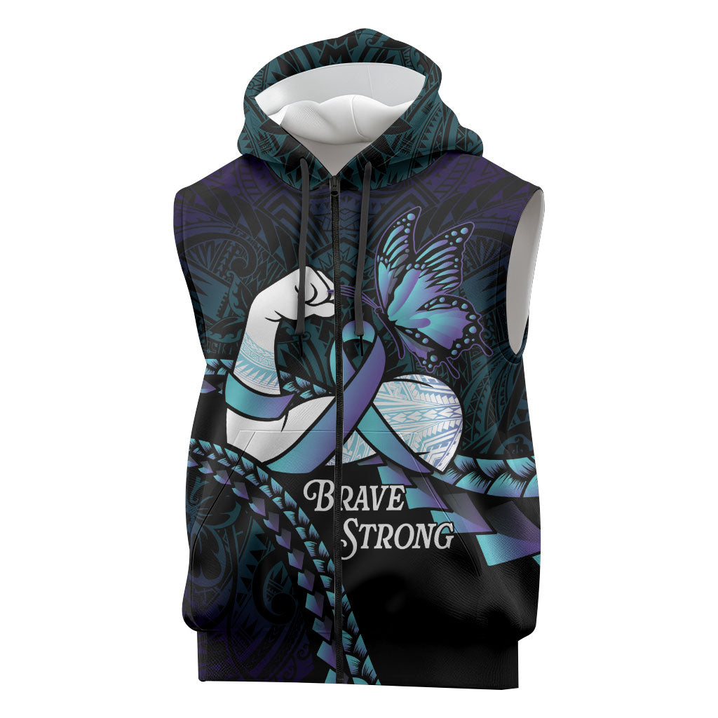 Personalised Polynesia Suicide Prevention Month Sleeveless Zip Hoodie Brave Strong Butterfly Teal Purple Ribbon LT14 Purple - Polynesian Pride