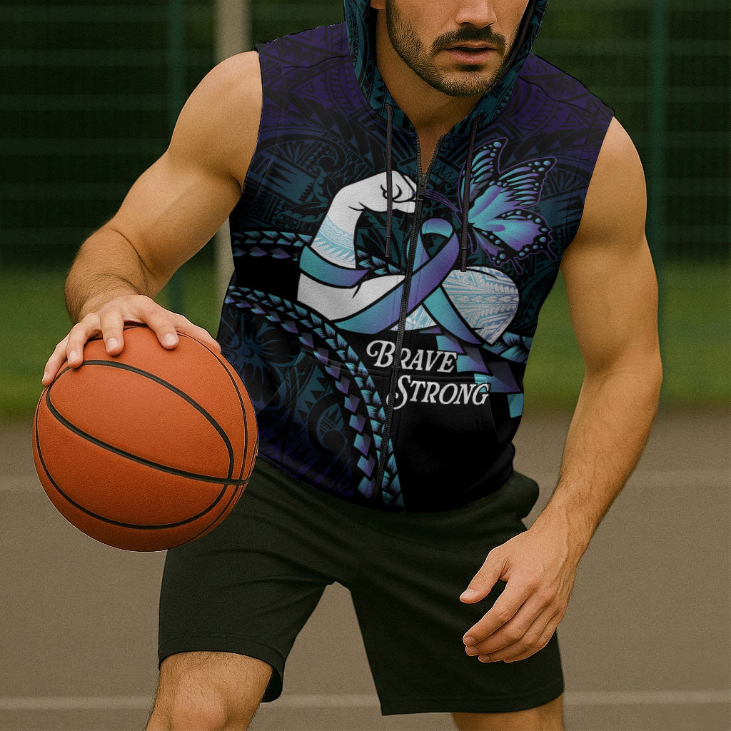 Personalised Polynesia Suicide Prevention Month Sleeveless Zip Hoodie Brave Strong Butterfly Teal Purple Ribbon LT14 - Polynesian Pride