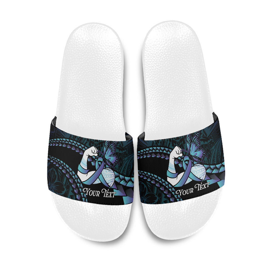 Personalised Polynesia Suicide Prevention Month Slide Sandals Brave Strong Butterfly Teal Purple Ribbon LT14 Purple - Polynesian Pride