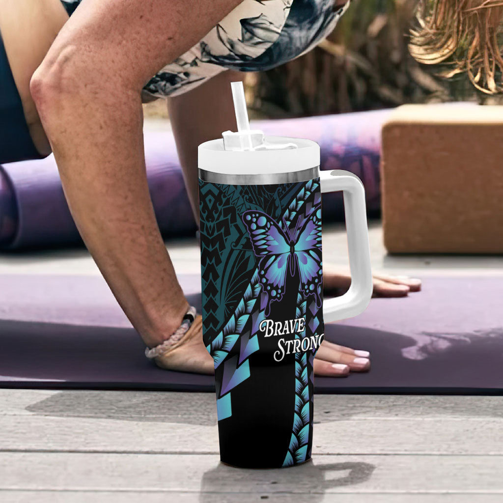 Personalised Polynesia Suicide Prevention Month Tumbler With Handle Brave Strong Butterfly Teal Purple Ribbon LT14 - Polynesian Pride