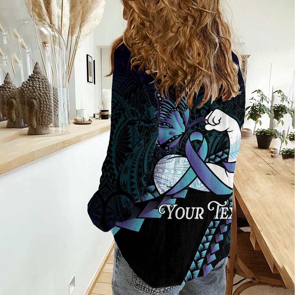 Personalised Polynesia Suicide Prevention Month Women Casual Shirt Brave Strong Butterfly Teal Purple Ribbon LT14 - Polynesian Pride