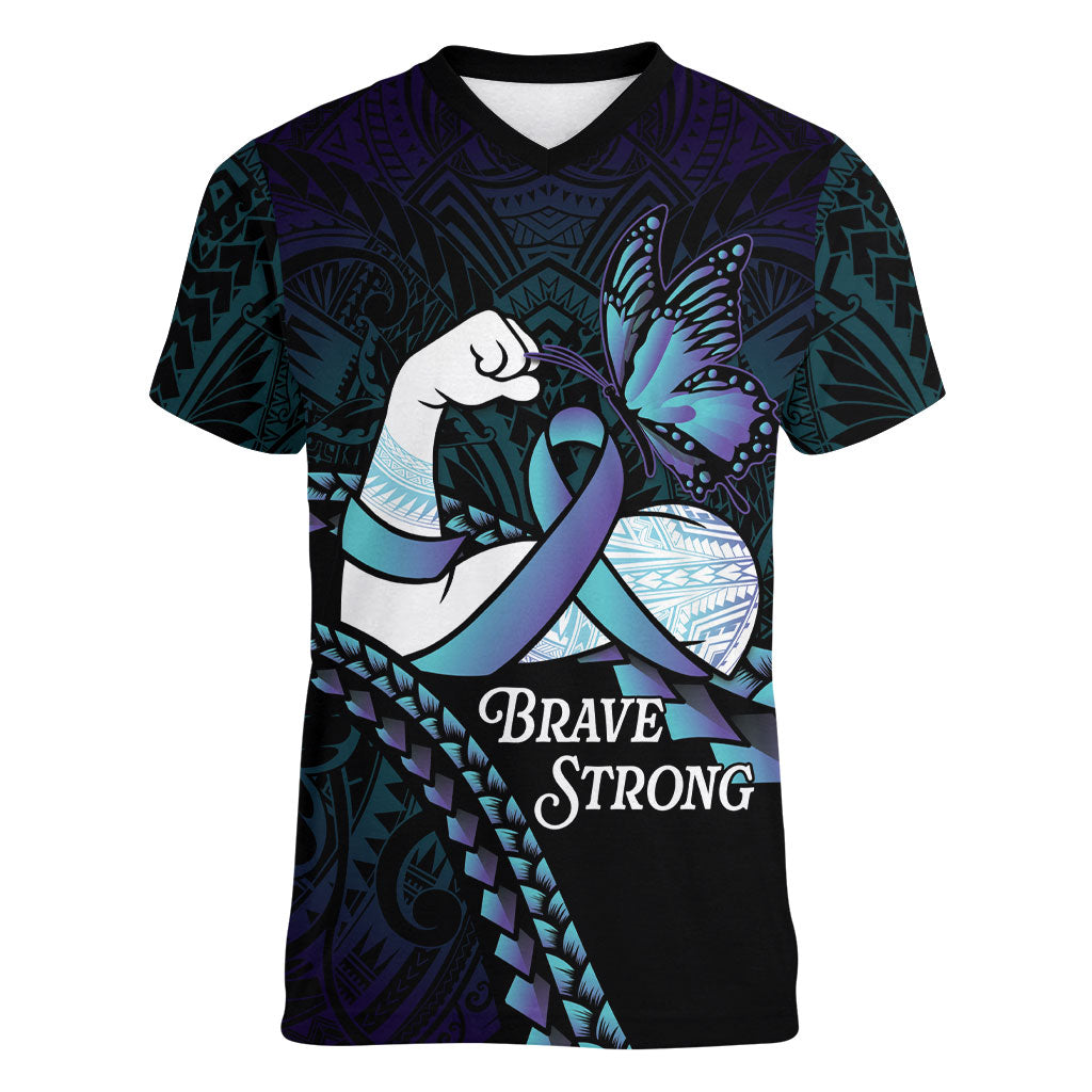 Personalised Polynesia Suicide Prevention Month Women V-Neck T-Shirt Brave Strong Butterfly Teal Purple Ribbon LT14 Female Purple - Polynesian Pride