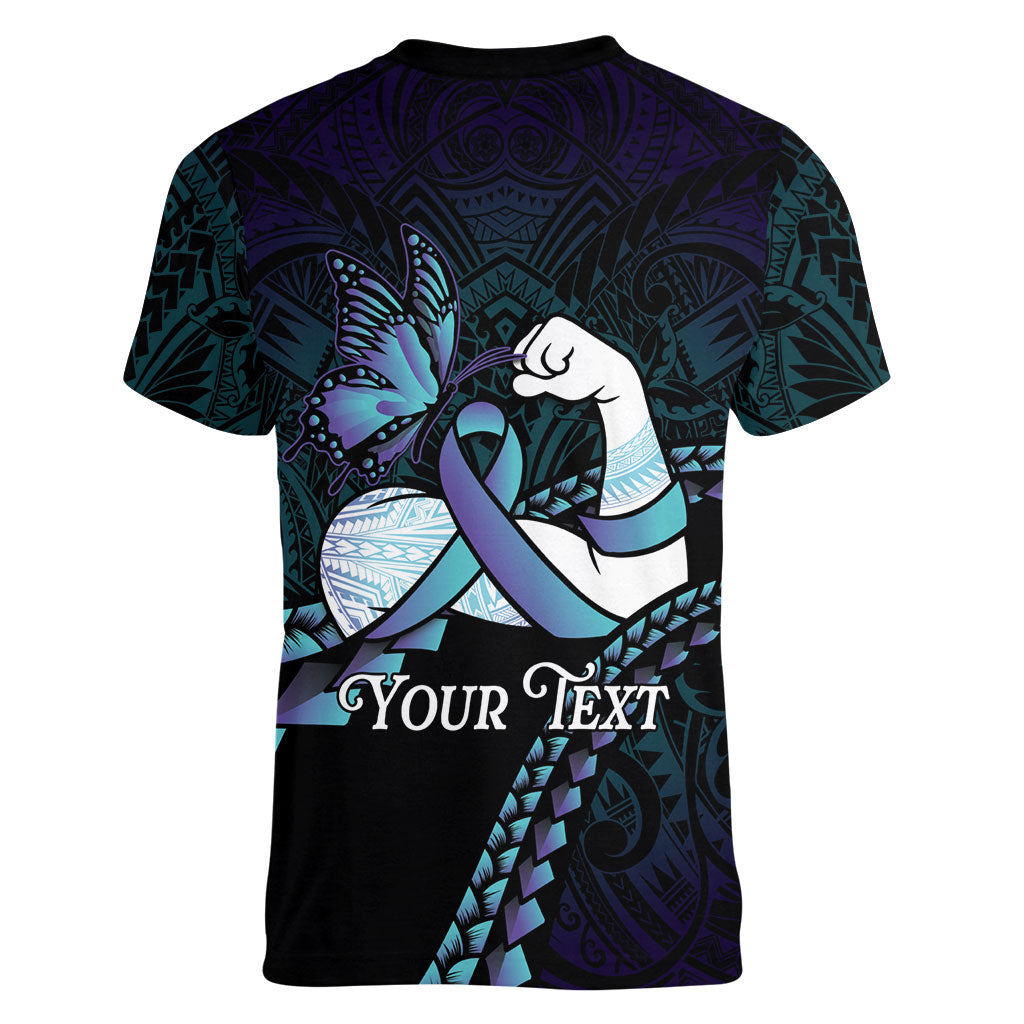 Personalised Polynesia Suicide Prevention Month Women V-Neck T-Shirt Brave Strong Butterfly Teal Purple Ribbon LT14 - Polynesian Pride
