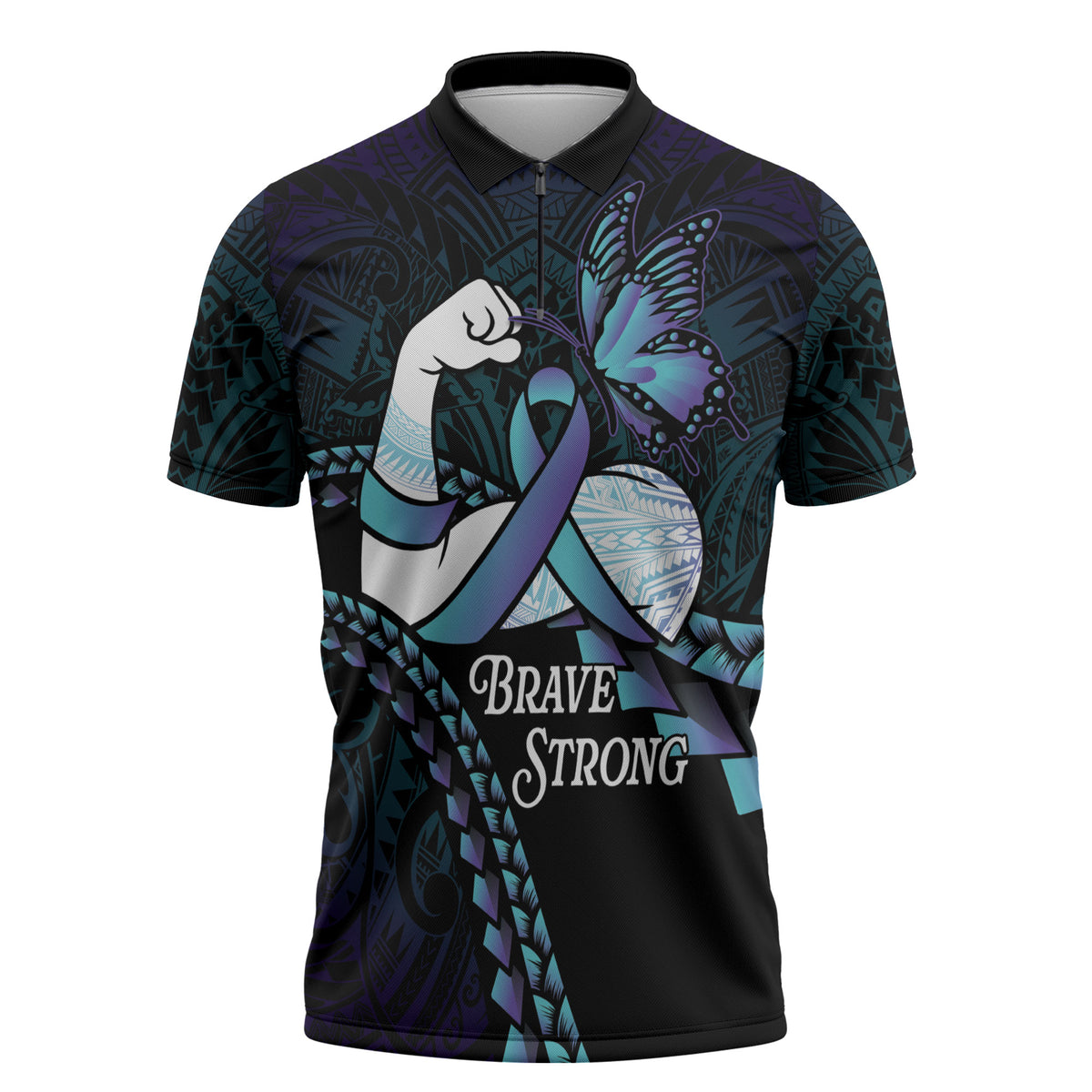 Personalised Polynesia Suicide Prevention Month Zipper Polo Shirt Brave Strong Butterfly Teal Purple Ribbon LT14 Purple - Polynesian Pride