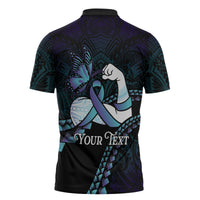 Personalised Polynesia Suicide Prevention Month Zipper Polo Shirt Brave Strong Butterfly Teal Purple Ribbon LT14 - Polynesian Pride