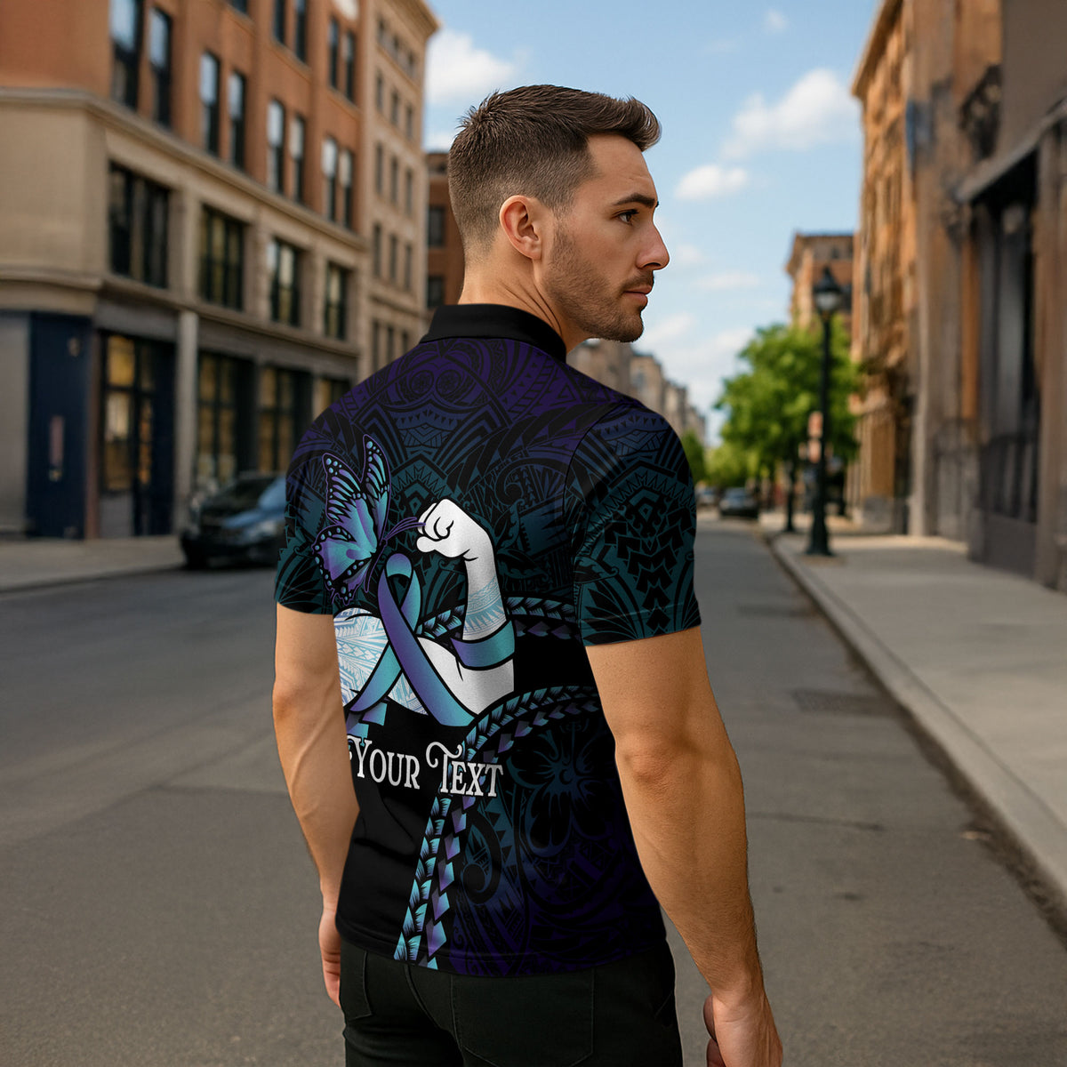 Personalised Polynesia Suicide Prevention Month Zipper Polo Shirt Brave Strong Butterfly Teal Purple Ribbon LT14 - Polynesian Pride