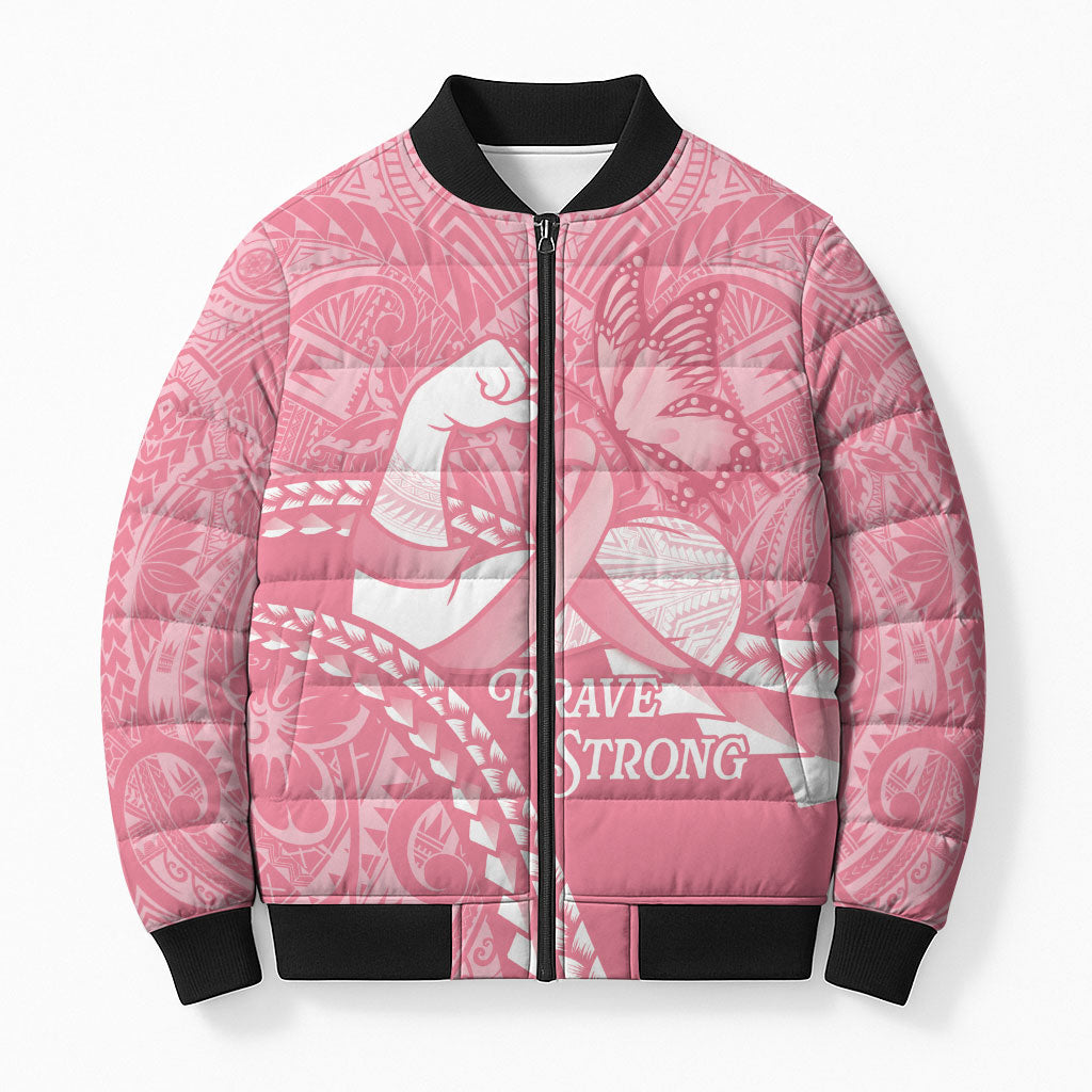 Personalised Polynesia Breast Cancer Awareness Bomber Puffer Jacket Brave Strong Butterfly Pink Ribbon