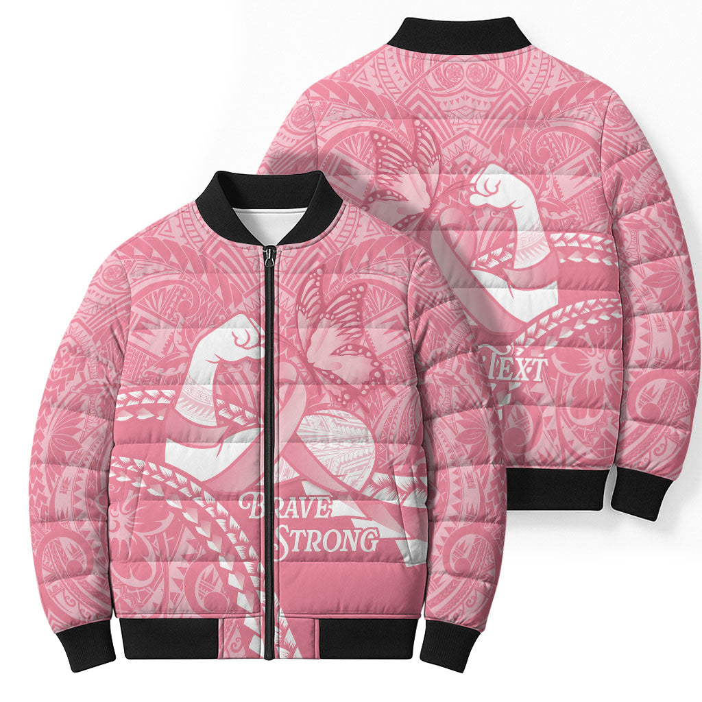 Personalised Polynesia Breast Cancer Awareness Bomber Puffer Jacket Brave Strong Butterfly Pink Ribbon