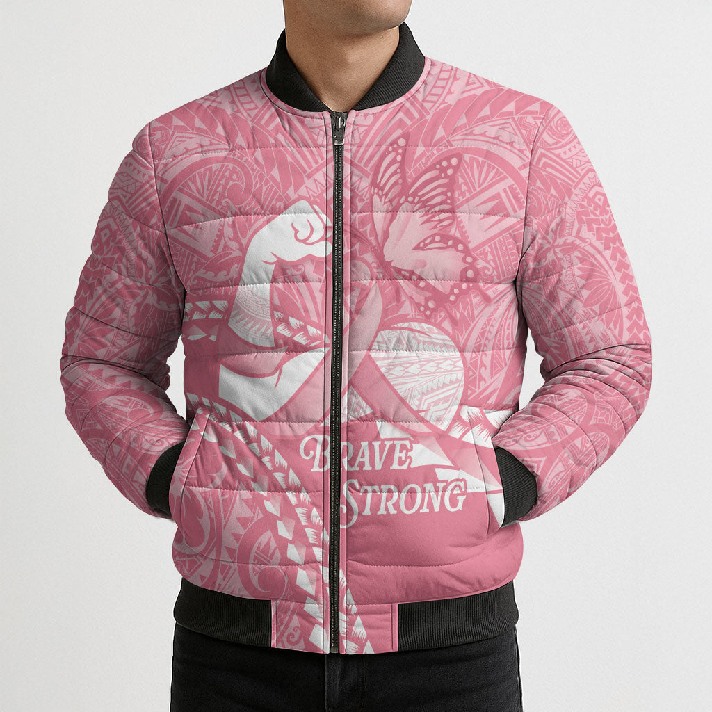 Personalised Polynesia Breast Cancer Awareness Bomber Puffer Jacket Brave Strong Butterfly Pink Ribbon