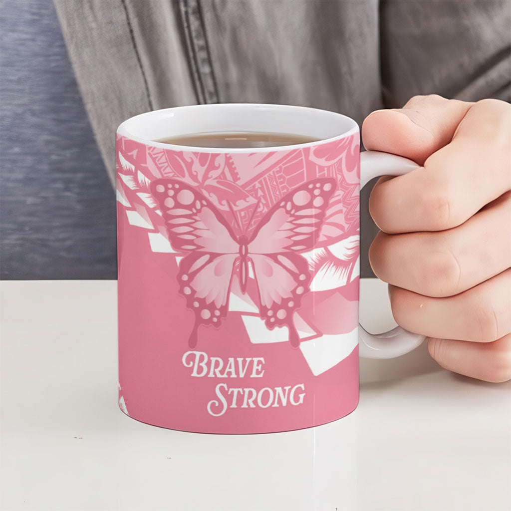 Personalised Polynesia Breast Cancer Awareness Ceramic Mug Brave Strong Butterfly Pink Ribbon