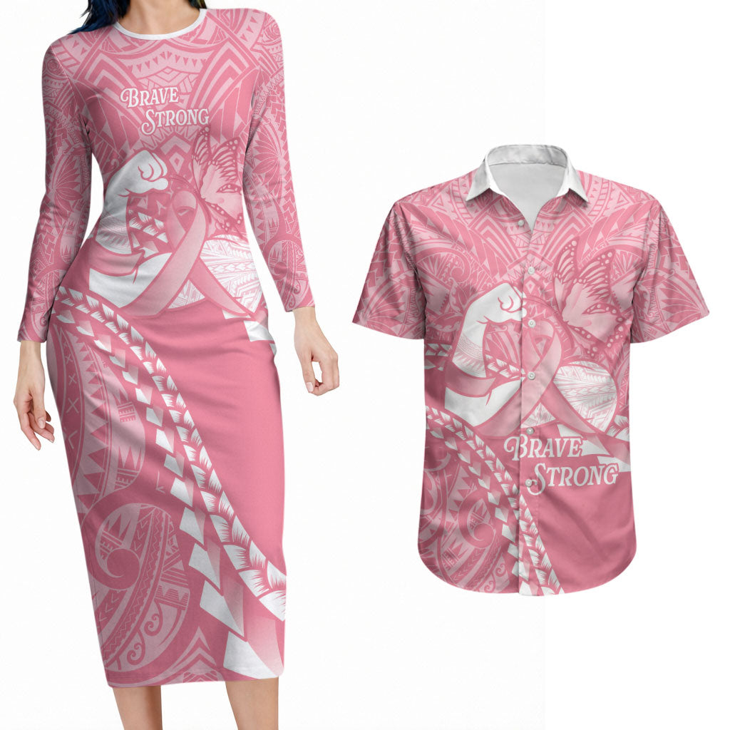 Personalised Polynesia Breast Cancer Awareness Couples Matching Long Sleeve Bodycon Dress and Hawaiian Shirt Brave Strong Butterfly Pink Ribbon LT14 Pink - Polynesian Pride