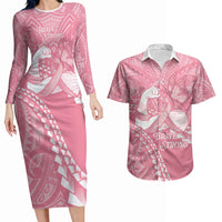 Personalised Polynesia Breast Cancer Awareness Couples Matching Long Sleeve Bodycon Dress and Hawaiian Shirt Brave Strong Butterfly Pink Ribbon LT14 Pink - Polynesian Pride