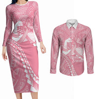 Personalised Polynesia Breast Cancer Awareness Couples Matching Long Sleeve Bodycon Dress and Long Sleeve Button Shirt Brave Strong Butterfly Pink Ribbon LT14 Pink - Polynesian Pride
