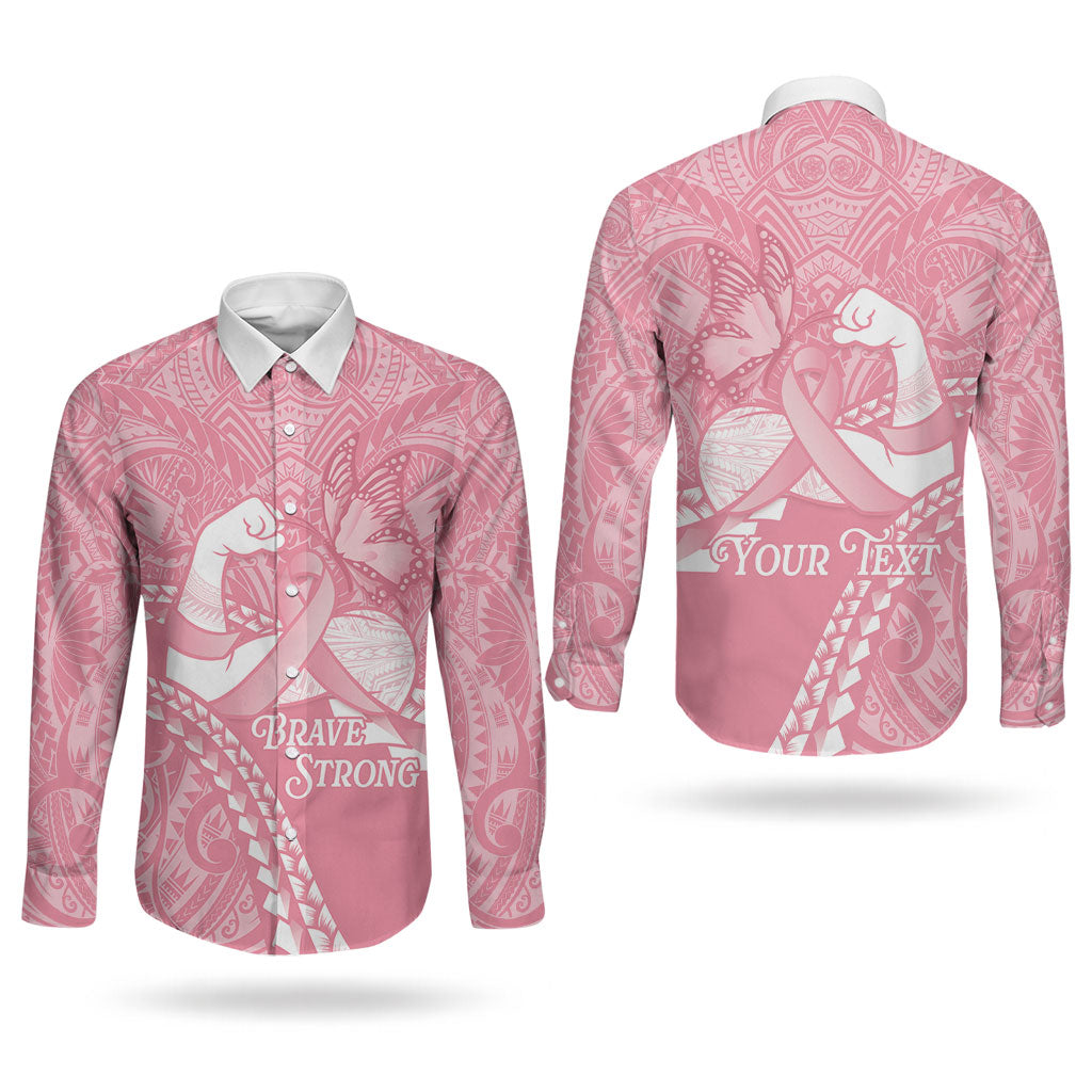 Personalised Polynesia Breast Cancer Awareness Couples Matching Long Sleeve Bodycon Dress and Long Sleeve Button Shirt Brave Strong Butterfly Pink Ribbon LT14 - Polynesian Pride