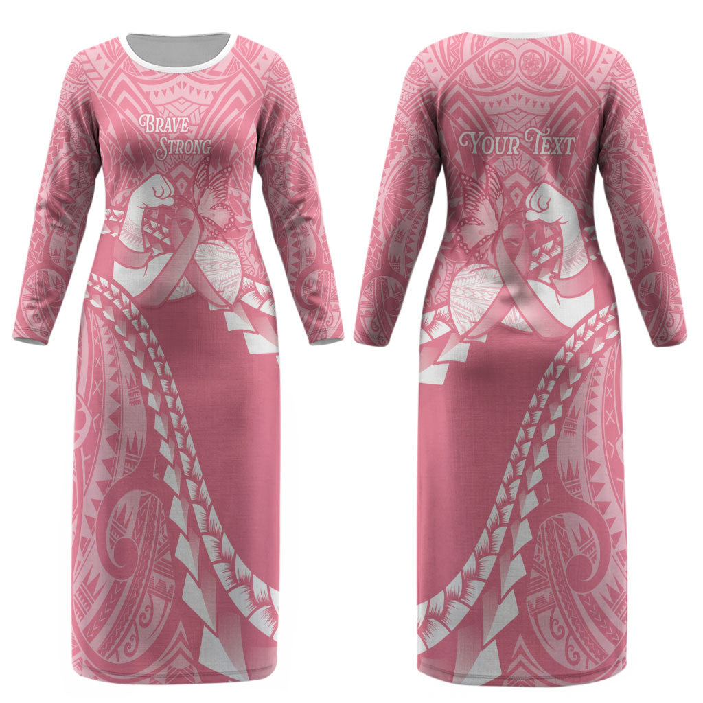 Personalised Polynesia Breast Cancer Awareness Couples Matching Long Sleeve Bodycon Dress and Long Sleeve Button Shirt Brave Strong Butterfly Pink Ribbon LT14 - Polynesian Pride