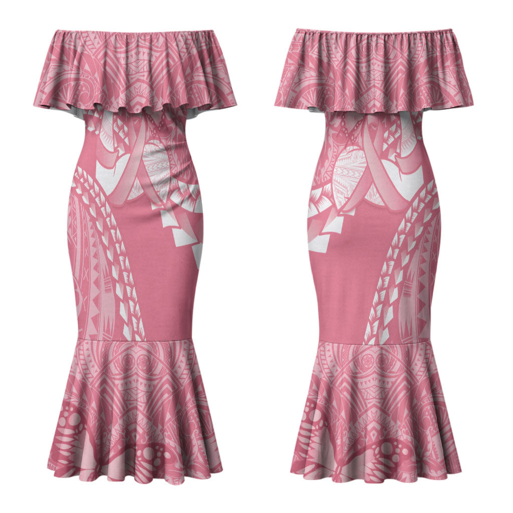 Personalised Polynesia Breast Cancer Awareness Couples Matching Mermaid Dress and Hawaiian Shirt Brave Strong Butterfly Pink Ribbon LT14 - Polynesian Pride