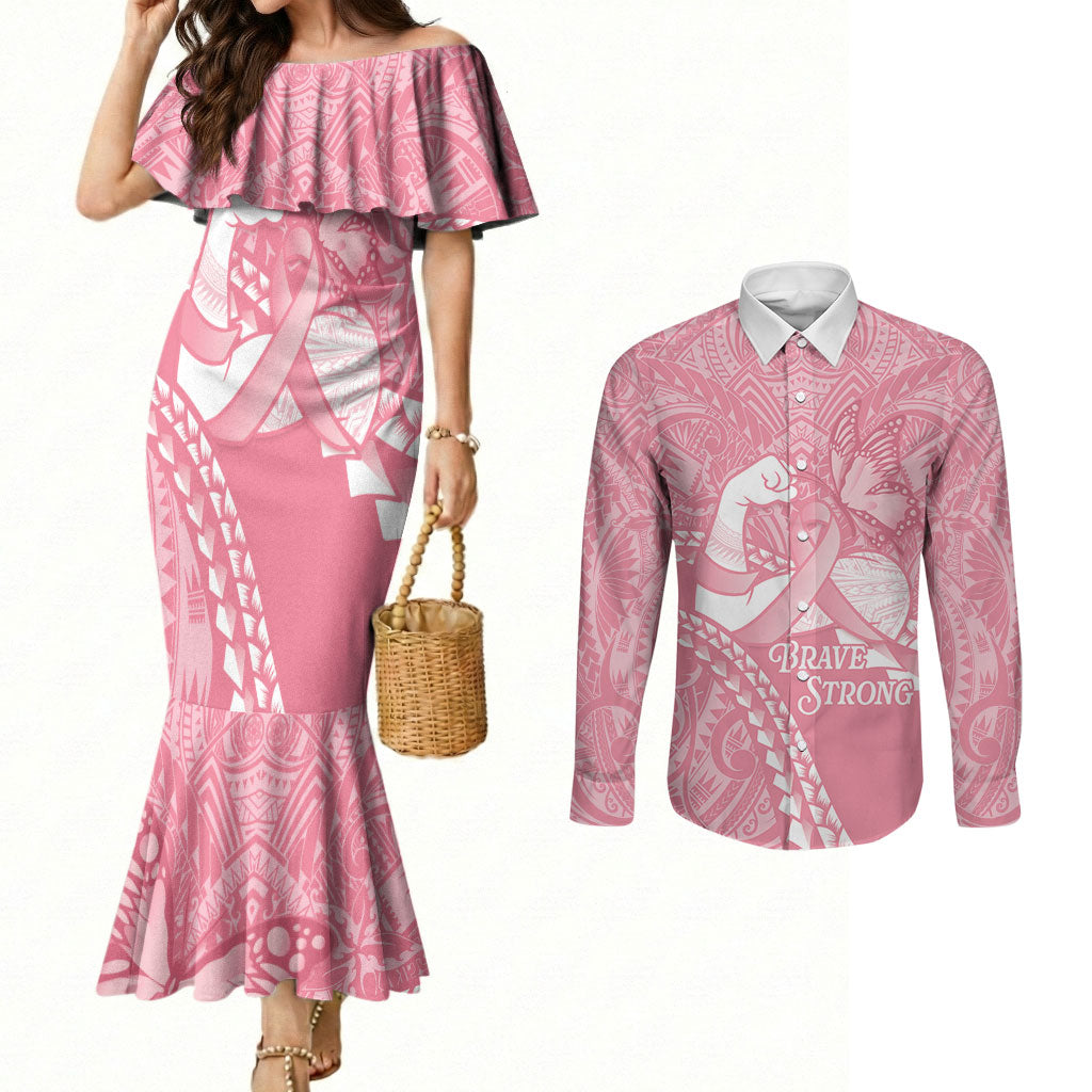 Personalised Polynesia Breast Cancer Awareness Couples Matching Mermaid Dress and Long Sleeve Button Shirt Brave Strong Butterfly Pink Ribbon LT14 Pink - Polynesian Pride