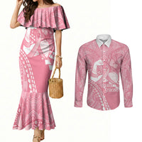 Personalised Polynesia Breast Cancer Awareness Couples Matching Mermaid Dress and Long Sleeve Button Shirt Brave Strong Butterfly Pink Ribbon LT14 Pink - Polynesian Pride