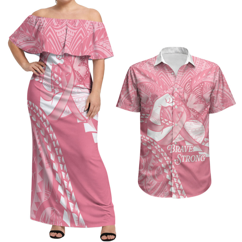 Personalised Polynesia Breast Cancer Awareness Couples Matching Off Shoulder Maxi Dress and Hawaiian Shirt Brave Strong Butterfly Pink Ribbon LT14 Pink - Polynesian Pride