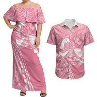 Personalised Polynesia Breast Cancer Awareness Couples Matching Off Shoulder Maxi Dress and Hawaiian Shirt Brave Strong Butterfly Pink Ribbon LT14 Pink - Polynesian Pride
