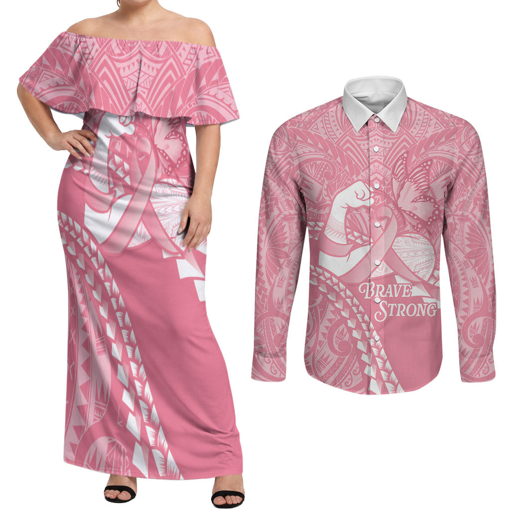 Personalised Polynesia Breast Cancer Awareness Couples Matching Off Shoulder Maxi Dress and Long Sleeve Button Shirt Brave Strong Butterfly Pink Ribbon LT14 Pink - Polynesian Pride