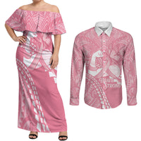 Personalised Polynesia Breast Cancer Awareness Couples Matching Off Shoulder Maxi Dress and Long Sleeve Button Shirt Brave Strong Butterfly Pink Ribbon LT14 Pink - Polynesian Pride