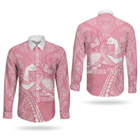 Personalised Polynesia Breast Cancer Awareness Couples Matching Off Shoulder Short Dress and Long Sleeve Button Shirt Brave Strong Butterfly Pink Ribbon