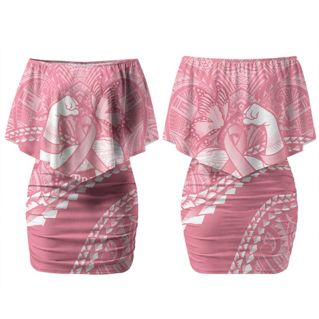 Personalised Polynesia Breast Cancer Awareness Couples Matching Off Shoulder Short Dress and Long Sleeve Button Shirt Brave Strong Butterfly Pink Ribbon