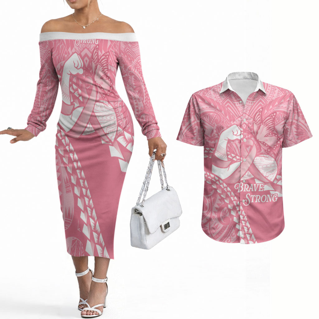 Personalised Polynesia Breast Cancer Awareness Couples Matching Off The Shoulder Long Sleeve Dress and Hawaiian Shirt Brave Strong Butterfly Pink Ribbon LT14 Pink - Polynesian Pride
