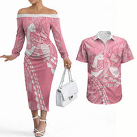 Personalised Polynesia Breast Cancer Awareness Couples Matching Off The Shoulder Long Sleeve Dress and Hawaiian Shirt Brave Strong Butterfly Pink Ribbon LT14 Pink - Polynesian Pride