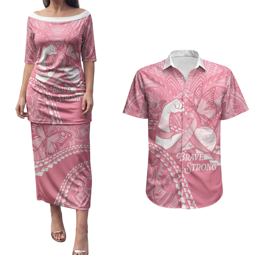 Personalised Polynesia Breast Cancer Awareness Couples Matching Puletasi and Hawaiian Shirt Brave Strong Butterfly Pink Ribbon LT14 Pink - Polynesian Pride