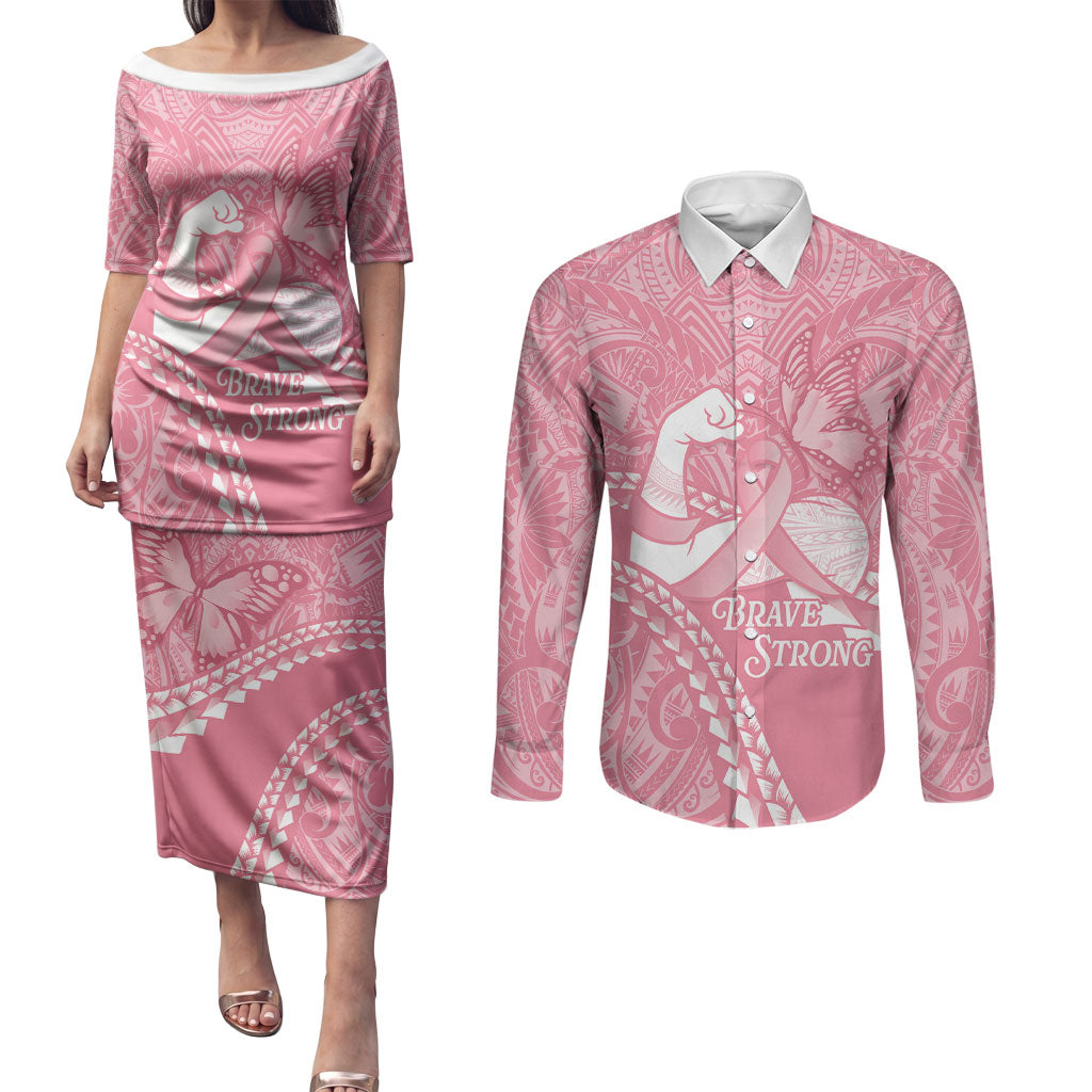 Personalised Polynesia Breast Cancer Awareness Couples Matching Puletasi and Long Sleeve Button Shirt Brave Strong Butterfly Pink Ribbon LT14 Pink - Polynesian Pride