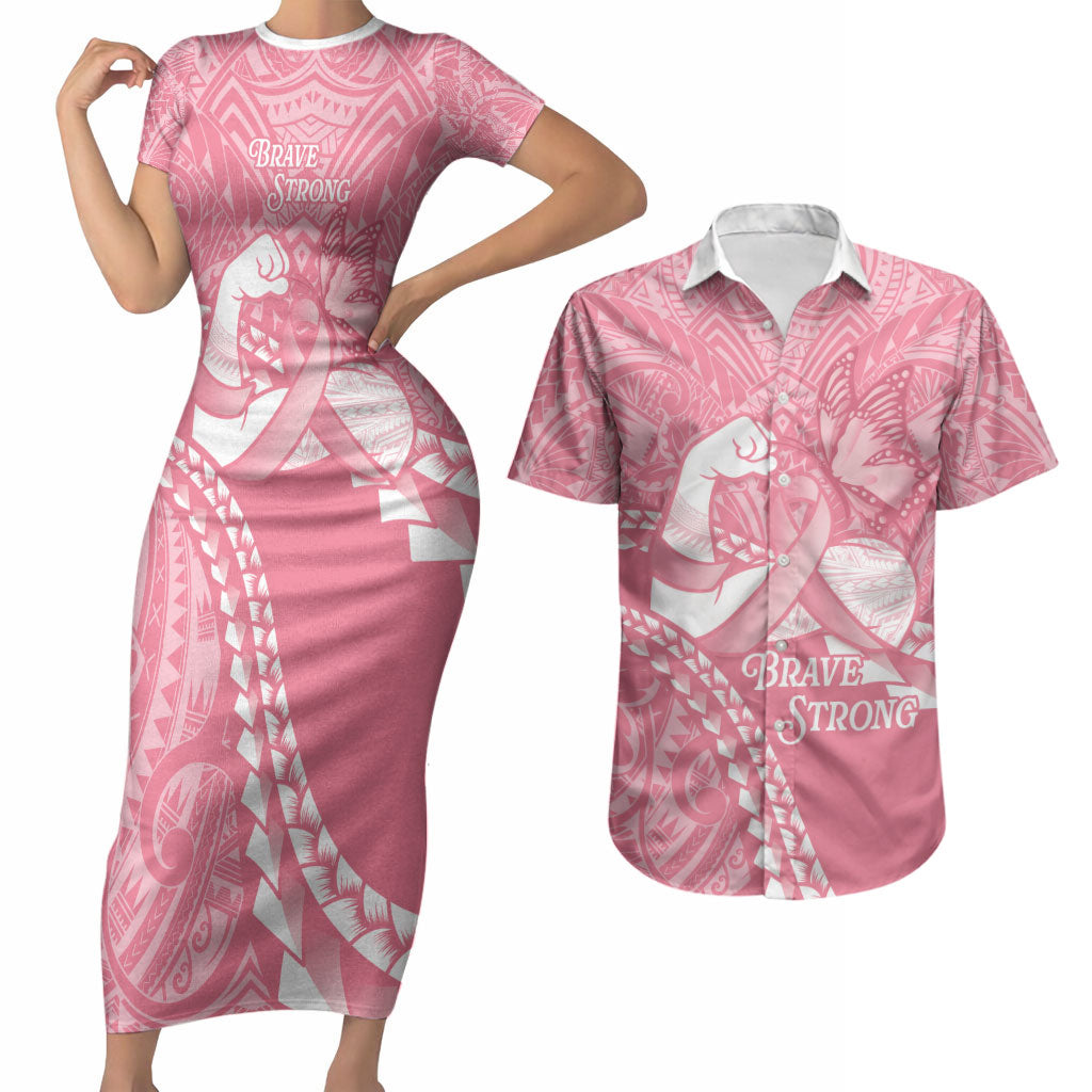 Personalised Polynesia Breast Cancer Awareness Couples Matching Short Sleeve Bodycon Dress and Hawaiian Shirt Brave Strong Butterfly Pink Ribbon LT14 Pink - Polynesian Pride