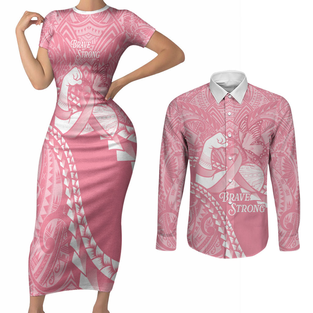 Personalised Polynesia Breast Cancer Awareness Couples Matching Short Sleeve Bodycon Dress and Long Sleeve Button Shirt Brave Strong Butterfly Pink Ribbon