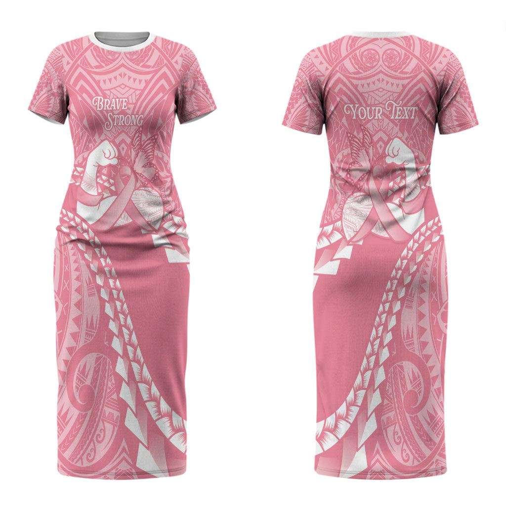 Personalised Polynesia Breast Cancer Awareness Couples Matching Short Sleeve Bodycon Dress and Long Sleeve Button Shirt Brave Strong Butterfly Pink Ribbon