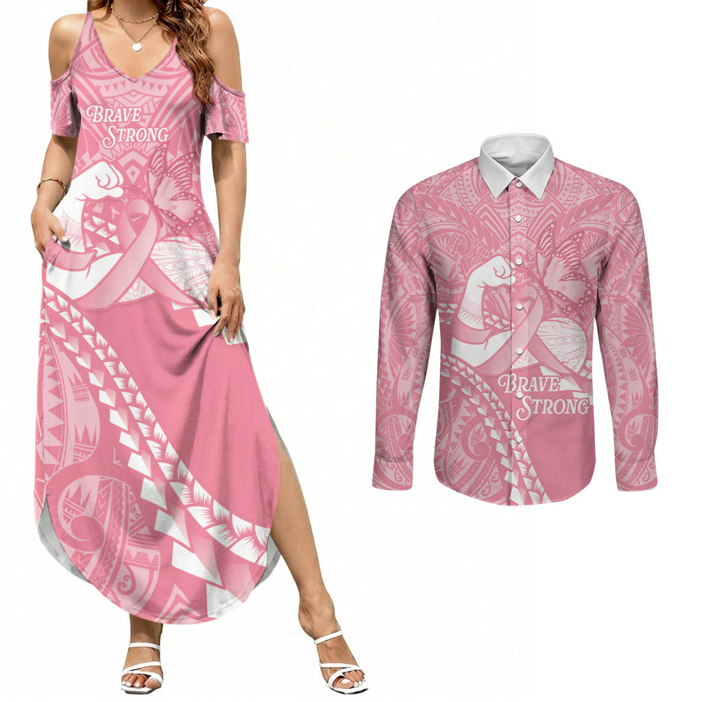 Personalised Polynesia Breast Cancer Awareness Couples Matching Summer Maxi Dress and Long Sleeve Button Shirt Brave Strong Butterfly Pink Ribbon LT14 Pink - Polynesian Pride