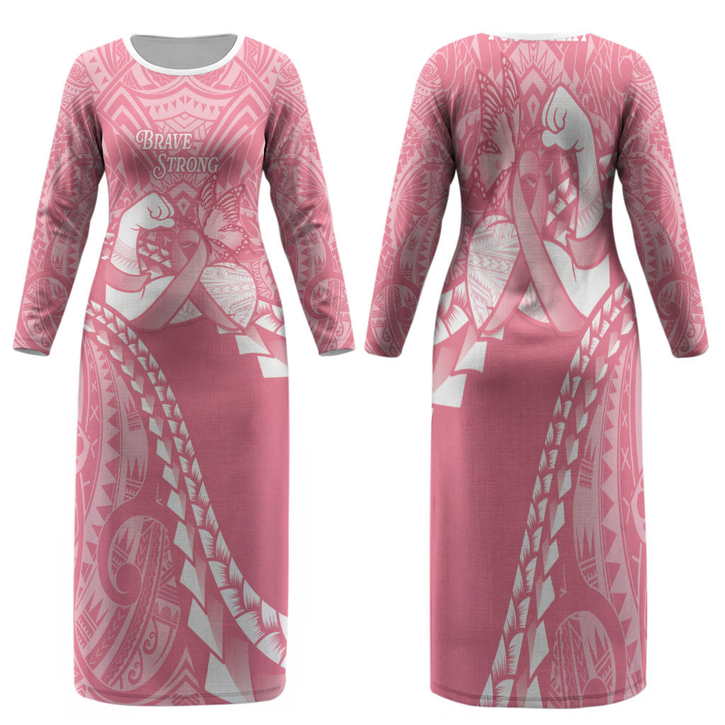 Personalised Polynesia Breast Cancer Awareness Family Matching Long Sleeve Bodycon Dress and Hawaiian Shirt Brave Strong Butterfly Pink Ribbon LT14 Mom's Dress Pink - Polynesian Pride