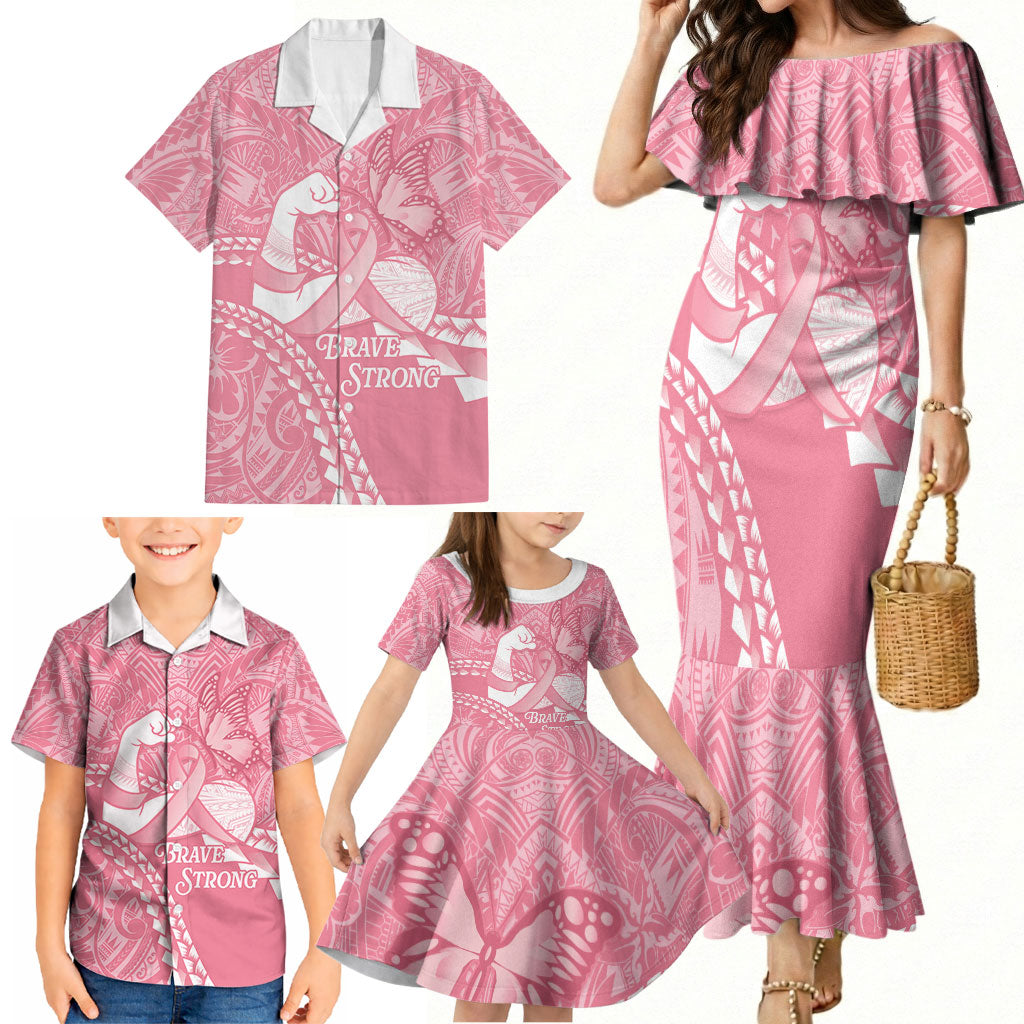 Personalised Polynesia Breast Cancer Awareness Family Matching Mermaid Dress and Hawaiian Shirt Brave Strong Butterfly Pink Ribbon LT14 - Polynesian Pride