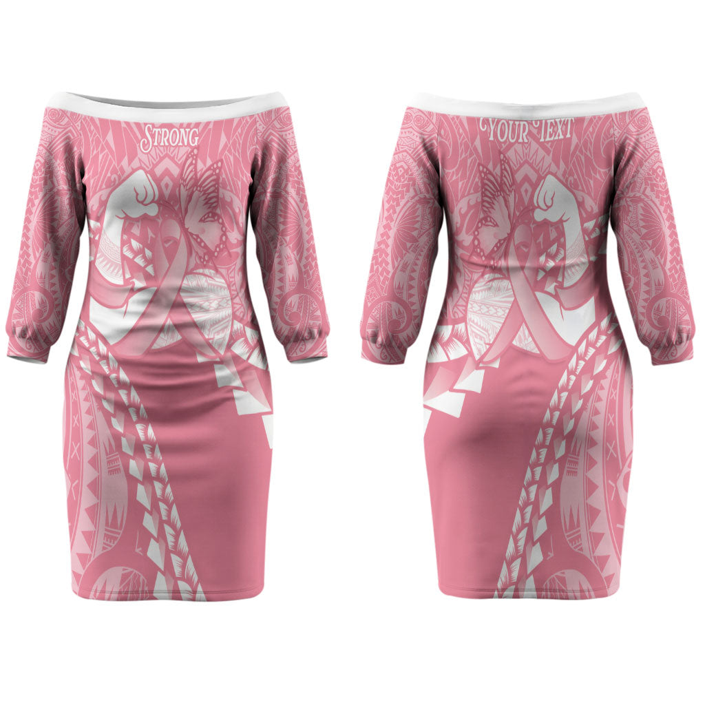 Personalised Polynesia Breast Cancer Awareness Family Matching Off The Shoulder Long Sleeve Dress and Hawaiian Shirt Brave Strong Butterfly Pink Ribbon